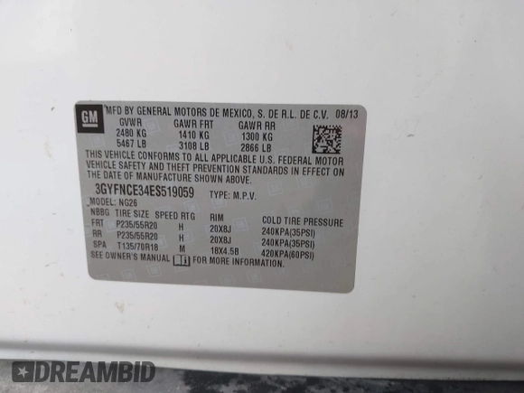 2014 Cadillac SRX Performance Collection with VIN 3GYFNCE34ES519059, listed as a IAAI auction lot 42237351 with 80,578 mi miles and . Bid and sale history available at DreamBid. Image 9.