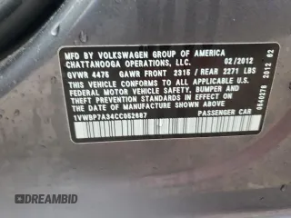 2012 Volkswagen Passat SE с VIN 1VWBP7A34CC052687, выставлен на аукционе Copart как лот 51536385 с пробегом 117 779 миль миль и Чистый • Clean title. История ставок и продаж доступна на DreamBid. Изображение 12.