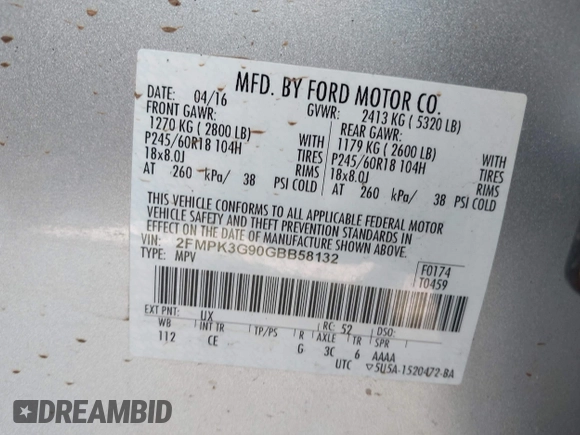 2016 Ford Edge SE с VIN 2FMPK3G90GBB58132, выставлен на аукционе IAAI как лот 42048795 с пробегом 90 618 миль миль и . История ставок и продаж доступна на DreamBid. Изображение 9.