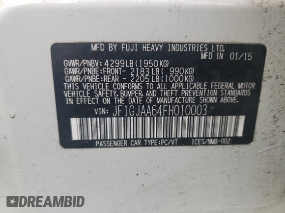 2015 Subaru Impreza z VIN JF1GJAA64FH010003, wystawiony jako Copart lot #57646155 z przebiegiem Nie podano mil oraz Szkoda całkowita • Salvage title. Historia ofert i sprzedaży dostępna na DreamBid. Obrazek 13.