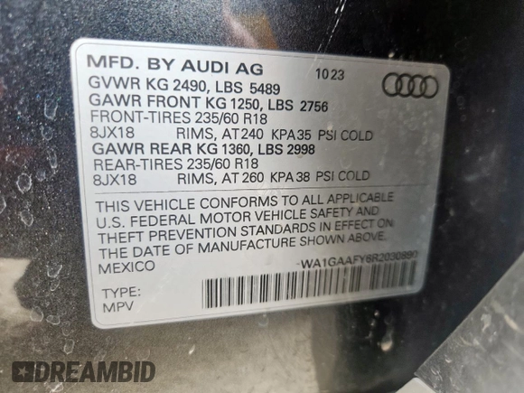 2024 Audi Q5 S line Premium with VIN WA1GAAFY6R2030890, listed as a Copart auction lot 59432555 with 33,671 mi miles and Salvage title. Bid and sale history available at DreamBid. Image 14.