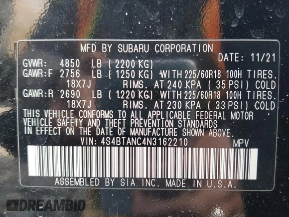 2022 Subaru Outback Limited with VIN 4S4BTANC4N3162210, listed as a Copart auction lot 50236195 with 33,888 mi miles and Clean Title. Bid and sale history available at DreamBid. Image 12.