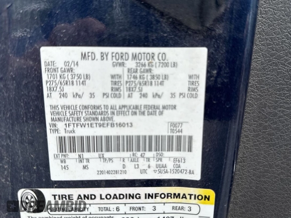 2014 Ford F-150 XL with VIN 1FTFW1ET9EFB16013, listed as a Copart auction lot 55620795 with 231,203 mi miles and Clean Title. Bid and sale history available at carsss.com. Image 10.