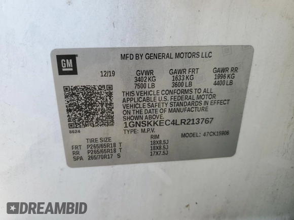 2020 Chevrolet Suburban Commercial with VIN 1GNSKKEC4LR213767, listed as a Copart auction lot 76527014 with 142,132 mi miles and Clean Title. Bid and sale history available at carsss.com. Image 13.