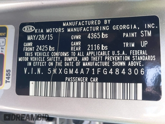 2015 Kia Optima LX with VIN 5XXGM4A71FG484306, listed as a IAAI auction lot 41797482 with 116,181 mi miles and . Bid and sale history available at carsss.com. Image 9.
