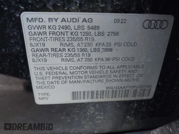 2023 Audi Q5 S line Premium with VIN WA1GAAFY0P2037363, listed as a IAAI auction lot 42372352 with 45,309 mi miles and . Bid and sale history available at DreamBid. Image 9.