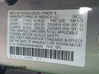 2022 Honda CR-V Touring with VIN 7FARW2H95NE048255, listed as a IAAI auction lot 40594748 with 76,724 mi miles. Bid and sale history available at carsss.com. Image 9.