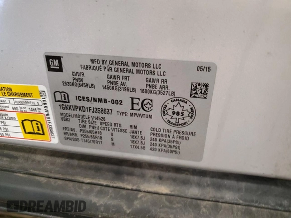 2015 GMC Acadia SLE with VIN 1GKKVPKD1FJ358637, listed as a Copart auction lot 59906085 with 153,140 mi miles and Non repairable. Bid and sale history available at DreamBid. Image 13.