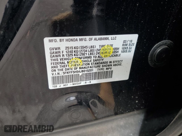 2018 Honda Pilot EX-L z VIN 5FNYF5H54JB015201, wystawiony jako Copart lot #82720584 z przebiegiem 113 273 mil mil oraz Szkoda całkowita • Salvage title. Historia ofert i sprzedaży dostępna na DreamBid. Obrazek 15.