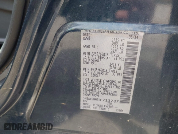 2014 Nissan Pathfinder SV with VIN 5N1AR2MM7EC713787, listed as a IAAI auction lot 42099074 with 136,321 mi miles. Bid and sale history available at carsss.com. Image 9.
