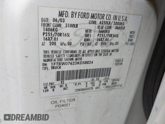 2003 Ford F-150 XLT with VIN 1FTRW07623KD58824, listed as a IAAI auction lot 42124403 with Not Provided miles. Bid and sale history available at carsss.com. Image 9.