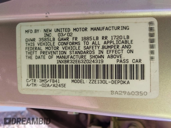 2003 Toyota Corolla CE with VIN 1NXBR32E63Z024319, listed as a IAAI auction lot 42131612 with 139,671 mi miles and . Bid and sale history available at DreamBid. Image 9.