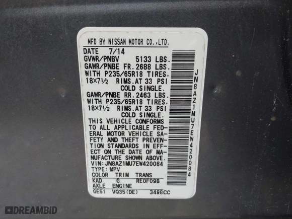 2014 Nissan Murano SL with VIN JN8AZ1MU7EW420084, listed as a IAAI auction lot 42101828 with 124,699 mi miles. Bid and sale history available at carsss.com. Image 9.