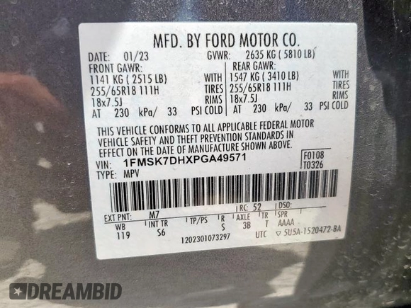 2023 Ford Explorer XLT с VIN 1FMSK7DHXPGA49571, выставлен на аукционе Copart как лот 61905725 с пробегом 74 193 миль миль и Списание • Salvage title. История ставок и продаж доступна на DreamBid. Изображение 14.