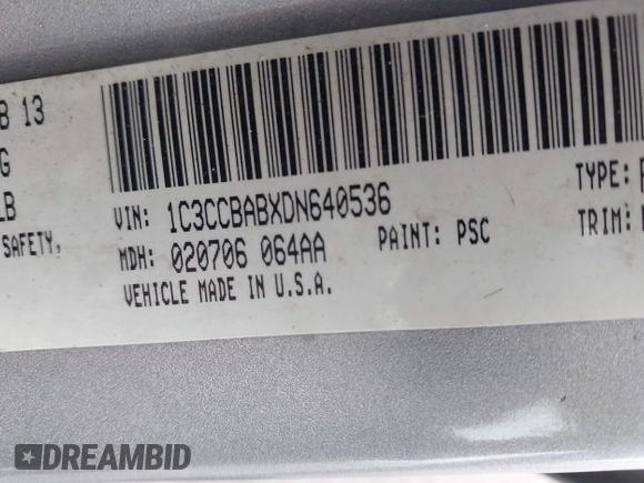 2013 Chrysler 200 LX with VIN 1C3CCBABXDN640536, listed as a IAAI auction lot 39425402 with 188,960 mi miles. Bid and sale history available at carsss.com. Image 9.