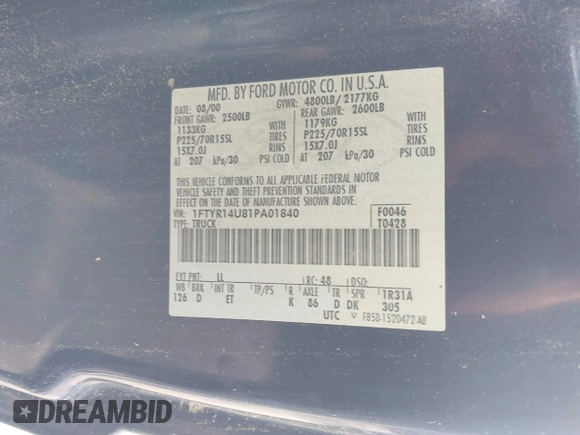 2001 Ford Ranger XL z VIN 1FTYR14U81PA01840, wystawiony jako IAAI lot #42262983 z przebiegiem 275 696 mil mil oraz . Historia ofert i sprzedaży dostępna na DreamBid. Obrazek 9.