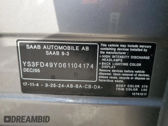 2006 Saab 9-3 z VIN YS3FD49Y061104174, wystawiony jako Copart lot #80715624 z przebiegiem 193 735 mil mil oraz Czysty tytuł • Clean title. Historia ofert i sprzedaży dostępna na DreamBid. Obrazek 12.