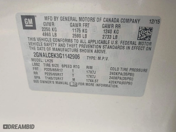 2016 Chevrolet Equinox LT with VIN 2GNALCEK3G1142906, listed as a IAAI auction lot 41828217 with 182,662 mi miles. Bid and sale history available at carsss.com. Image 9.