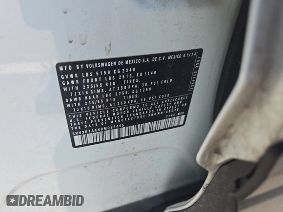 2024 Volkswagen Tiguan SE с VIN 3VV3B7AX4RM085495, выставлен на аукционе IAAI как лот 42796456 с пробегом 34 680 миль миль и . История ставок и продаж доступна на DreamBid. Изображение 27.