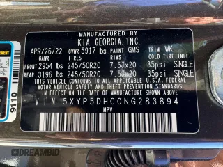 2022 Kia Telluride SX z VIN 5XYP5DHC0NG283894, wystawiony jako Copart lot #57398195 z przebiegiem 8 098 mil mil oraz Szkoda całkowita • Salvage title. Historia ofert i sprzedaży dostępna na DreamBid. Obrazek 10.