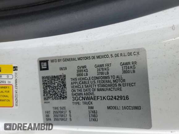 2019 Chevrolet Silverado 1500 Work Truck with VIN 3GCNWAEF1KG242916, listed as a Copart auction lot 87684875 with 96,219 mi miles and Clean Title. Bid and sale history available at DreamBid. Image 13.