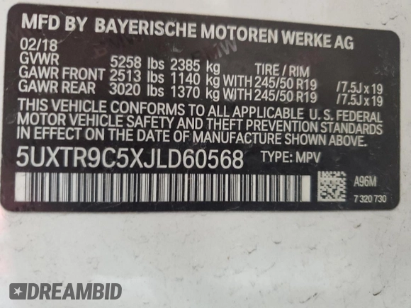 2018 BMW X3 xDrive30i with VIN 5UXTR9C5XJLD60568, listed as a Copart auction lot 54338055 with Not Provided miles and Salvage Title. Bid and sale history available at DreamBid. Image 14.