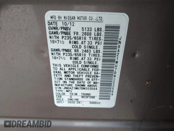 2013 Nissan Murano SL z VIN JN8AZ1MU7DW203584, wystawiony jako IAAI lot #41245405 z przebiegiem Nie podano mil oraz . Historia ofert i sprzedaży dostępna na DreamBid. Obrazek 9.