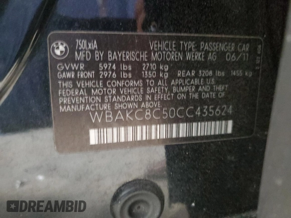 2012 BMW 7 Series 750Li xDrive z VIN WBAKC8C50CC435624, wystawiony jako Copart lot #56664315 z przebiegiem 94 100 mil mil oraz Czysty tytuł • Clean title. Historia ofert i sprzedaży dostępna na DreamBid. Obrazek 12.