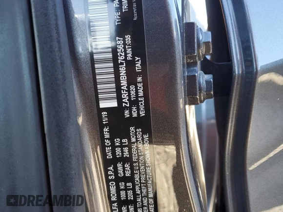 2020 Alfa Romeo Giulia Ti Sport with VIN ZARFAMBN6L7625687, listed as a Copart auction lot 87106034 with Not provided miles and Salvage title. Bid and sale history available at DreamBid. Image 14.