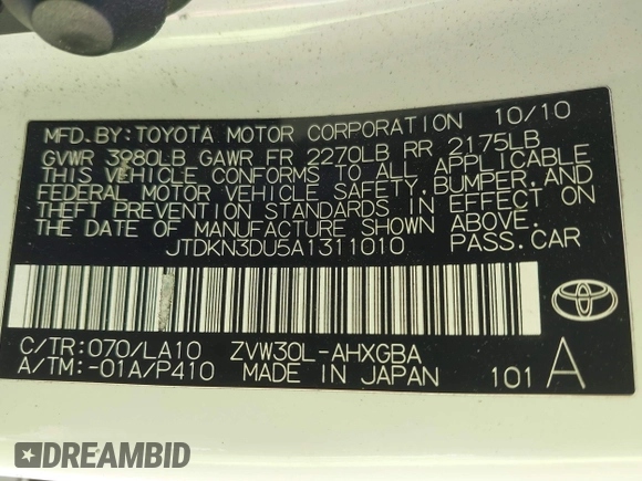 2010 Toyota Prius II z VIN JTDKN3DU5A1311010, wystawiony jako IAAI lot #42353523 z przebiegiem 342 042 mil mil oraz . Historia ofert i sprzedaży dostępna na DreamBid. Obrazek 9.