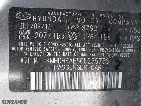 2012 Hyundai Elantra GLS PZEV with VIN KMHDH4AE5CU235756, listed as a IAAI auction lot 41312506 with 118,621 mi miles. Bid and sale history available at carsss.com. Image 9.