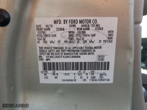 2010 Ford Escape XLT with VIN 1FMCU0D7XAKC66684, listed as a Copart auction lot 50543415 with 149,391 mi miles and Salvage Title. Bid and sale history available at carsss.com. Image 12.