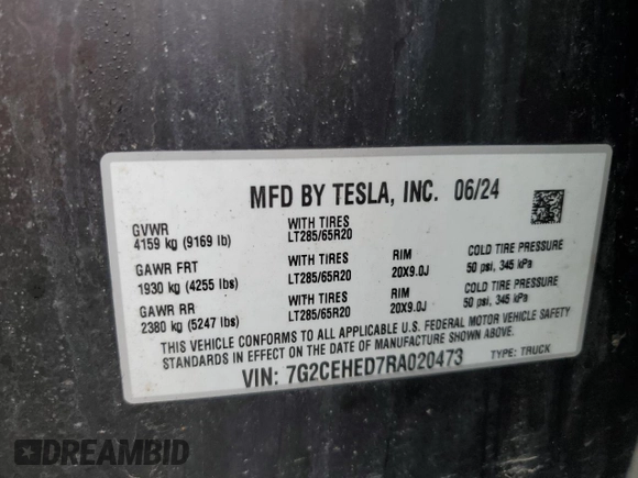 2024 Tesla Cybertruck z VIN 7G2CEHED7RA020473, wystawiony jako Copart lot #55123035 z przebiegiem 4 835 mil mil oraz Szkoda całkowita • Salvage title. Historia ofert i sprzedaży dostępna na DreamBid. Obrazek 12.