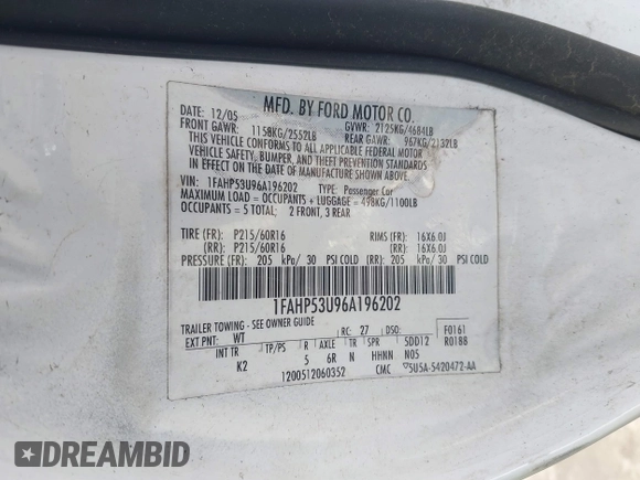 2006 Ford Taurus SE Standard with VIN 1FAHP53U96A196202, listed as a IAAI auction lot 41624553 with 203,188 mi miles and . Bid and sale history available at DreamBid. Image 9.