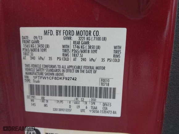 2013 Ford F-150 XL with VIN 1FTFW1CF8DKF92742, listed as a IAAI auction lot 41894521 with 1 mi miles. Bid and sale history available at carsss.com. Image 9.