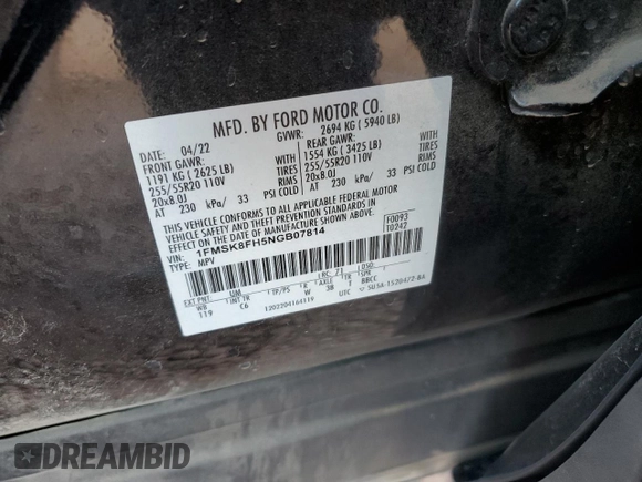 2022 Ford Explorer Limited with VIN 1FMSK8FH5NGB07814, listed as a Copart auction lot 89218865 with 34,595 mi miles and Salvage Title. Bid and sale history available at carsss.com. Image 13.
