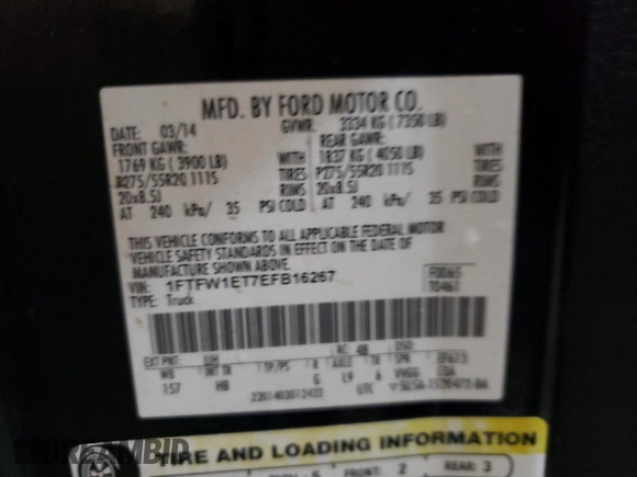 2014 Ford F-150 XL with VIN 1FTFW1ET7EFB16267, listed as a Copart auction lot 50692885 with 164,851 mi miles and Clean Title. Bid and sale history available at carsss.com. Image 14.