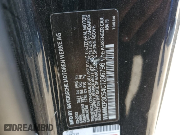 2012 MINI Convertible S with VIN WMWZP3C54CT296796, listed as a Copart auction lot 72209604 with 90,864 mi miles and Salvage title. Bid and sale history available at DreamBid. Image 14.