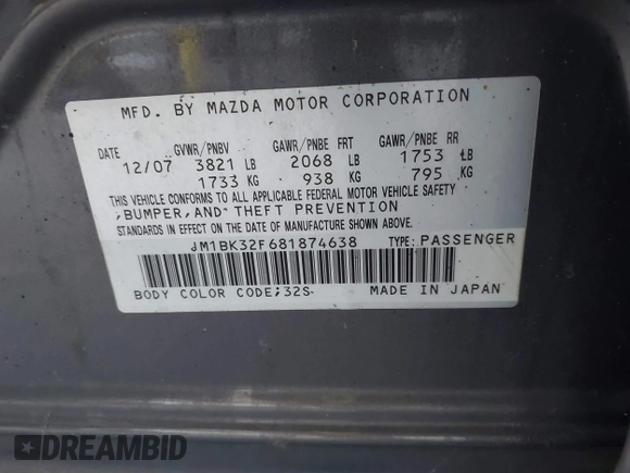 2008 Mazda 3 i Sport with VIN JM1BK32F681874638, listed as a IAAI auction lot 42168925 with Not Provided miles and . Bid and sale history available at DreamBid. Image 9.
