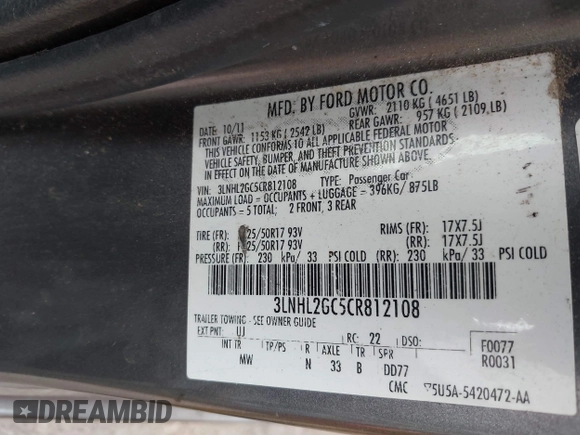 2012 Lincoln MKZ with VIN 3LNHL2GC5CR812108, listed as a IAAI auction lot 42656789 with 164,455 mi miles and . Bid and sale history available at DreamBid. Image 9.