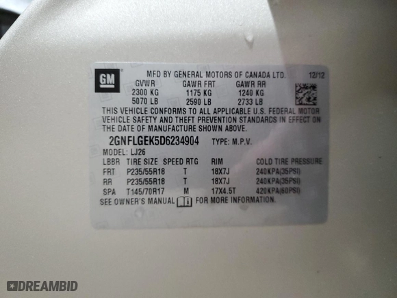 2013 Chevrolet Equinox LTZ with VIN 2GNFLGEK5D6234904, listed as a Copart auction lot 52020655 with 60,037 mi miles and Salvage Title. Bid and sale history available at carsss.com. Image 13.