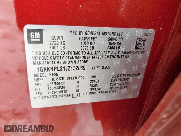 2018 GMC Acadia Denali with VIN 1GKKNPLS1JZ132069, listed as a Copart auction lot 55849365 with 76,936 mi miles and Salvage title. Bid and sale history available at DreamBid. Image 13.