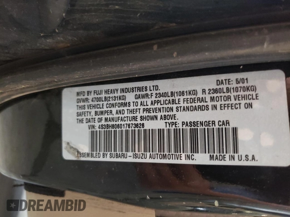 2001 Subaru Legacy Outback L.L. Bean with VIN 4S3BH806017673626, listed as a Copart auction lot 63878494 with 301,500 mi miles and Clean title. Bid and sale history available at DreamBid. Image 13.