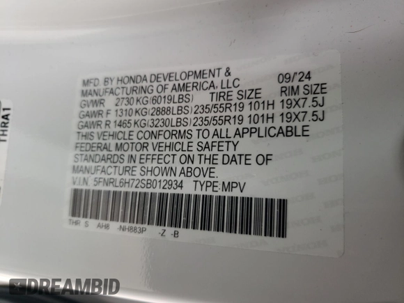 2025 Honda Odyssey Sport-L with VIN 5FNRL6H72SB012934, listed as a Copart auction lot 85912494 with Not Provided miles and Salvage Title. Bid and sale history available at carsss.com. Image 14.