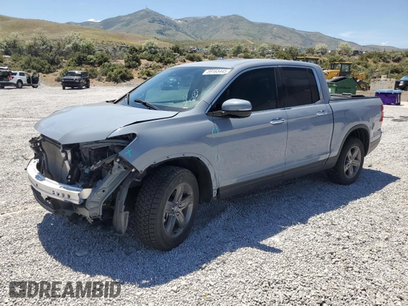 2022 Honda Ridgeline RTL-E with VIN 5FPYK3F79NB024459, listed as a Copart auction lot 59165445 with 21,429 mi miles and Salvage title. Bid and sale history available at DreamBid. Image 1.
