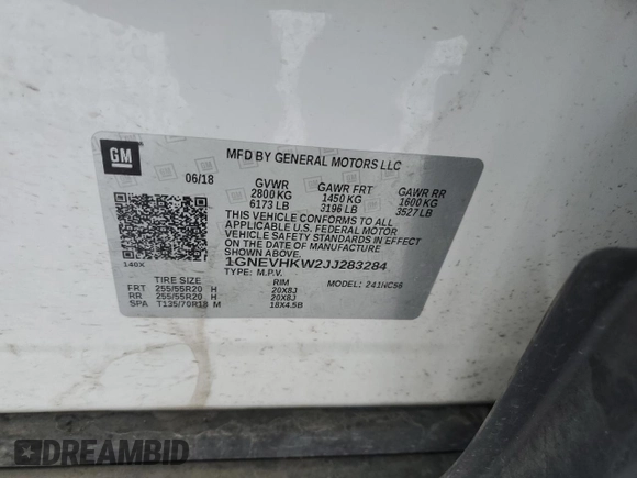 2018 Chevrolet Traverse LT Leather with VIN 1GNEVHKW2JJ283284, listed as a Copart auction lot 84390814 with 94,077 mi miles and Salvage Title. Bid and sale history available at carsss.com. Image 14.