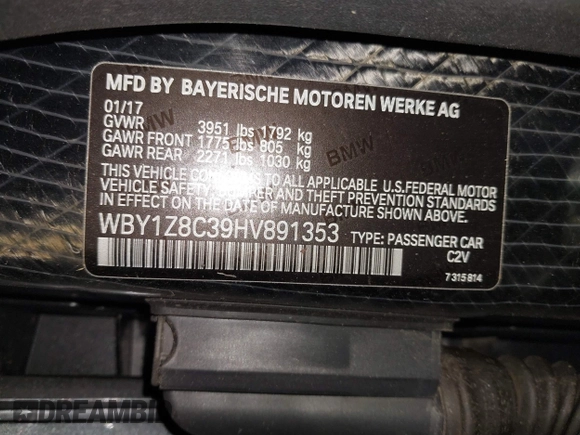 2017 BMW i3 z VIN WBY1Z8C39HV891353, wystawiony jako IAAI lot #41887562 z przebiegiem 82 295 mil mil oraz . Historia ofert i sprzedaży dostępna na DreamBid. Obrazek 9.