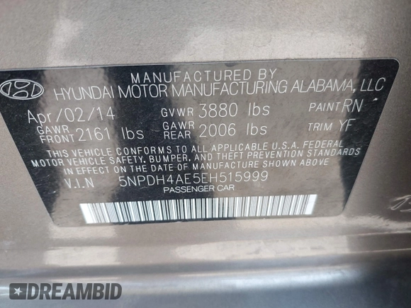 2014 Hyundai Elantra SE with VIN 5NPDH4AE5EH515999, listed as a IAAI auction lot 42100361 with 177,802 mi miles and . Bid and sale history available at DreamBid. Image 9.
