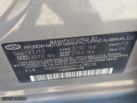 2013 Hyundai Elantra GLS PZEV with VIN 5NPDH4AE2DH428236, listed as a IAAI auction lot 42049399 with 96,674 mi miles. Bid and sale history available at carsss.com. Image 9.
