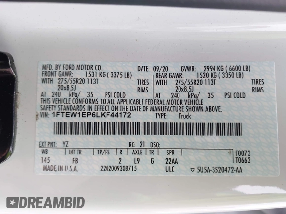 2020 Ford F-150 XL with VIN 1FTEW1EP6LKF44172, listed as a IAAI auction lot 41912854 with 101,278 mi miles and . Bid and sale history available at carsss.com. Image 9.
